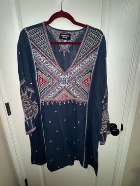 Johnny Was Workshop Navy Embroidered Geometric Boho Tunic Top - XL